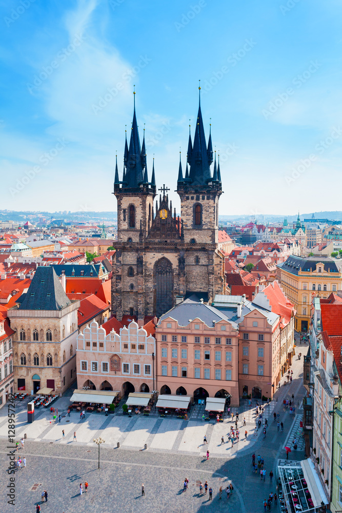 Kostel Panny Marie pred Tynem. Church of the Virgin Mary. Old Town Square in Prague with Tyn church from Clock Tower.