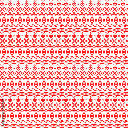 Winter geometric ornament. Red rhombuses, hearts, squares, cross