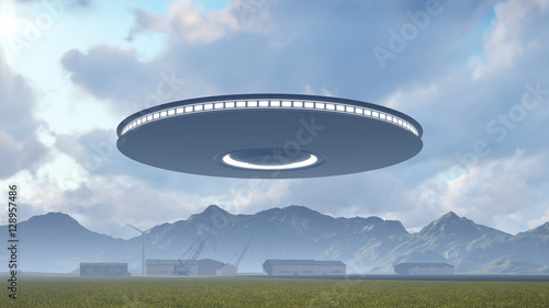 3d UFO over industrial zone  factory  manufacturing  warehouse