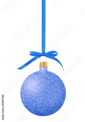 Blue Glitter Christmas decor ball on ribbon isolated on white ba photo