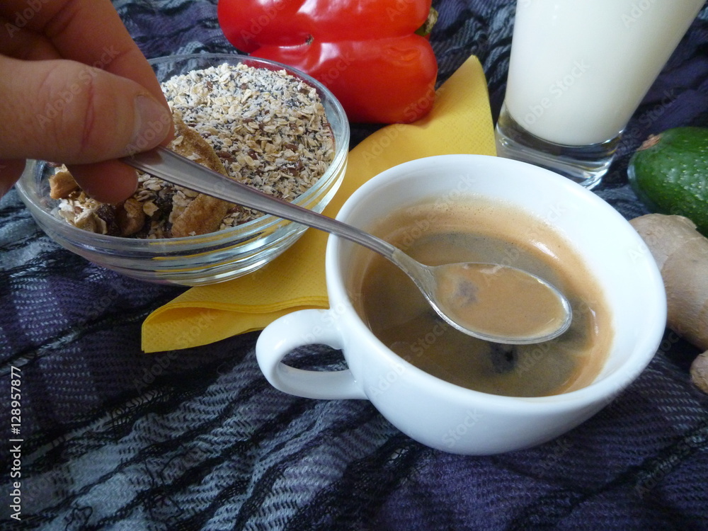 healthy rich breakfast with granola milk and coffee