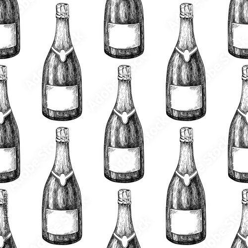 Champagne bottle seamless pattern. Hand drawn isolated vector illustration. Alcohol