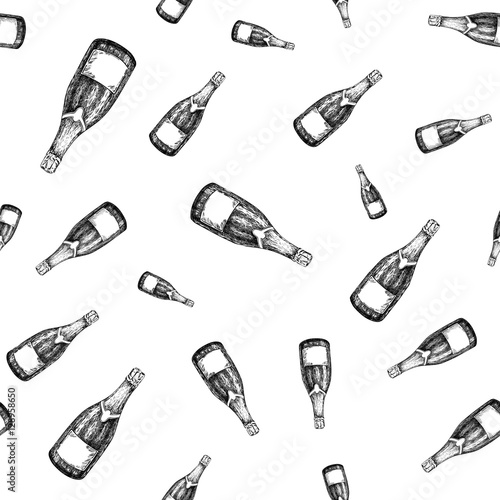 Champagne bottle seamless pattern. Hand drawn isolated vector illustration. Alcohol