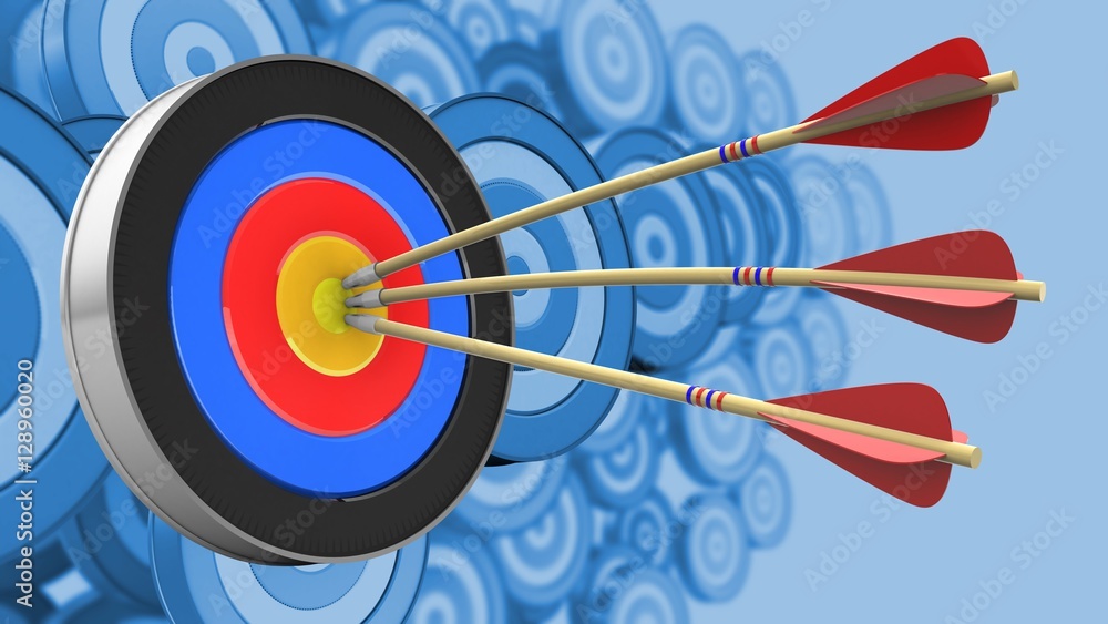 3d illustration of arrows with target over many targets background 3d illustration of arrows with target over many targets background