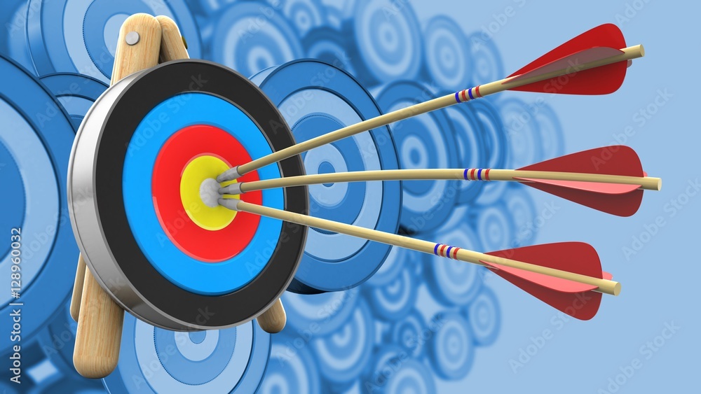 3d illustration of arrows with target stand over many targets background 3d illustration of arrows with target stand over many targets background