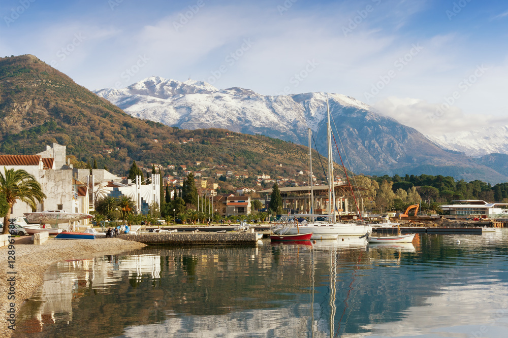 View of Lovcen mountain from Tivat city. Montenegro, winter