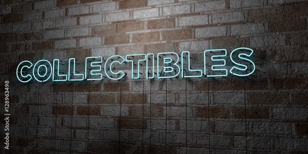 Fototapeta premium COLLECTIBLES - Glowing Neon Sign on stonework wall - 3D rendered royalty free stock illustration. Can be used for online banner ads and direct mailers..