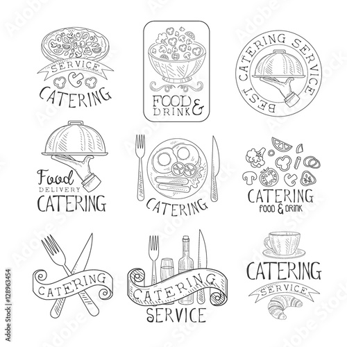 Best Quality Catering Service Set Of Hand Drawn Black And White Sign Design Templates With Calligraphic Text