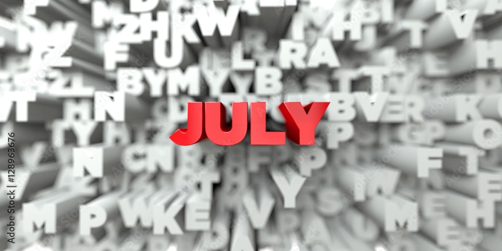 JULY - Red text on typography background - 3D rendered royalty free stock image. This image can be used for an online website banner ad or a print postcard. JULY - Red text on typography background - 3D rendered royalty free stock image. This image can be used for an online website banner ad or a print postcard.