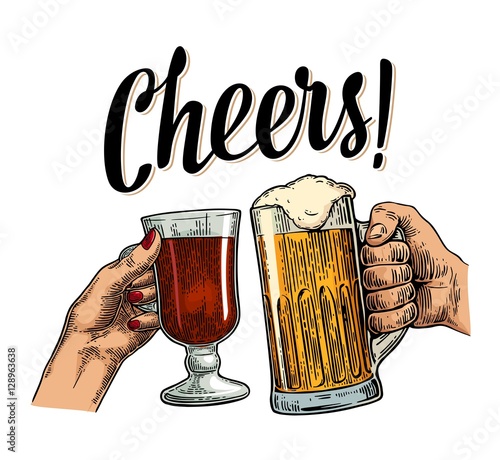 Female and male hands holding and clinking with two glasses beer and mulled wine.