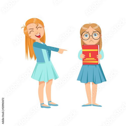 Girl Mocking Clever Kid In Glasses Teenage Bully Demonstrating Mischievous Uncontrollable Delinquent Behavior Cartoon Illustration