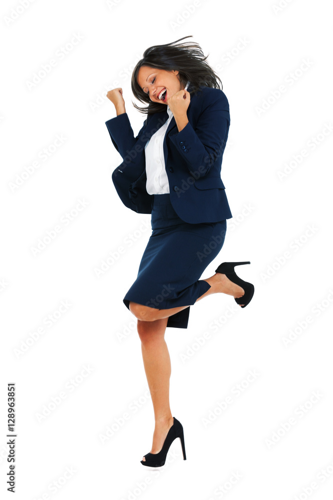 Excited businesswoman dancing full of joy isolated on white back Excited businesswoman dancing full of joy isolated on white back