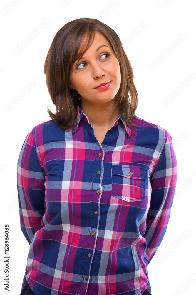 Young woman looking away isolated on white background, close up, Young woman looking away isolated on white background, close up,