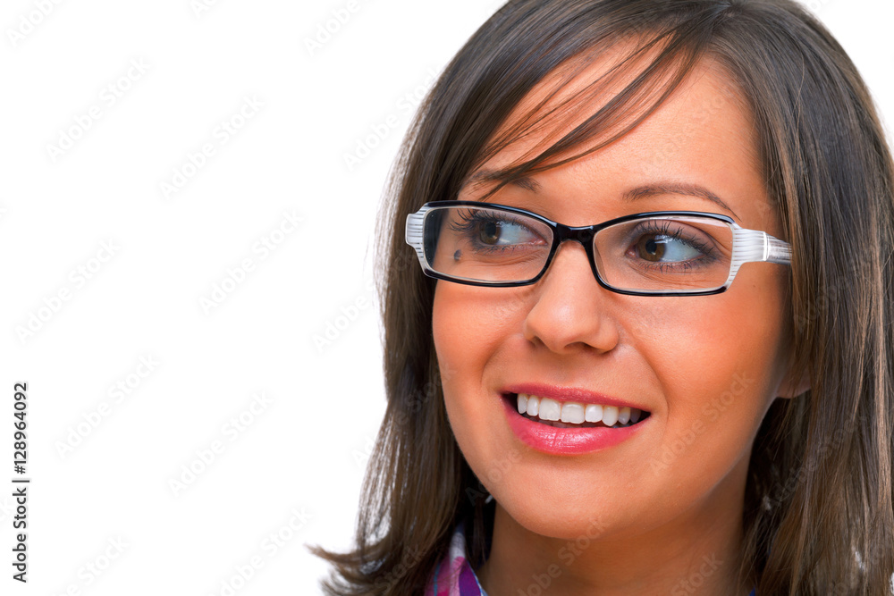 Young woman with glasses looking away isolated on white backgrou Young woman with glasses looking away isolated on white backgrou