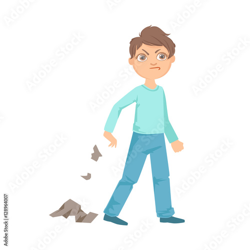 Boy Littering Teenage Bully Demonstrating Mischievous Uncontrollable Delinquent Behavior Cartoon Illustration