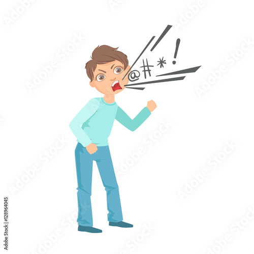 Boy Cursing Teenage Bully Demonstrating Mischievous Uncontrollable Delinquent Behavior Cartoon Illustration