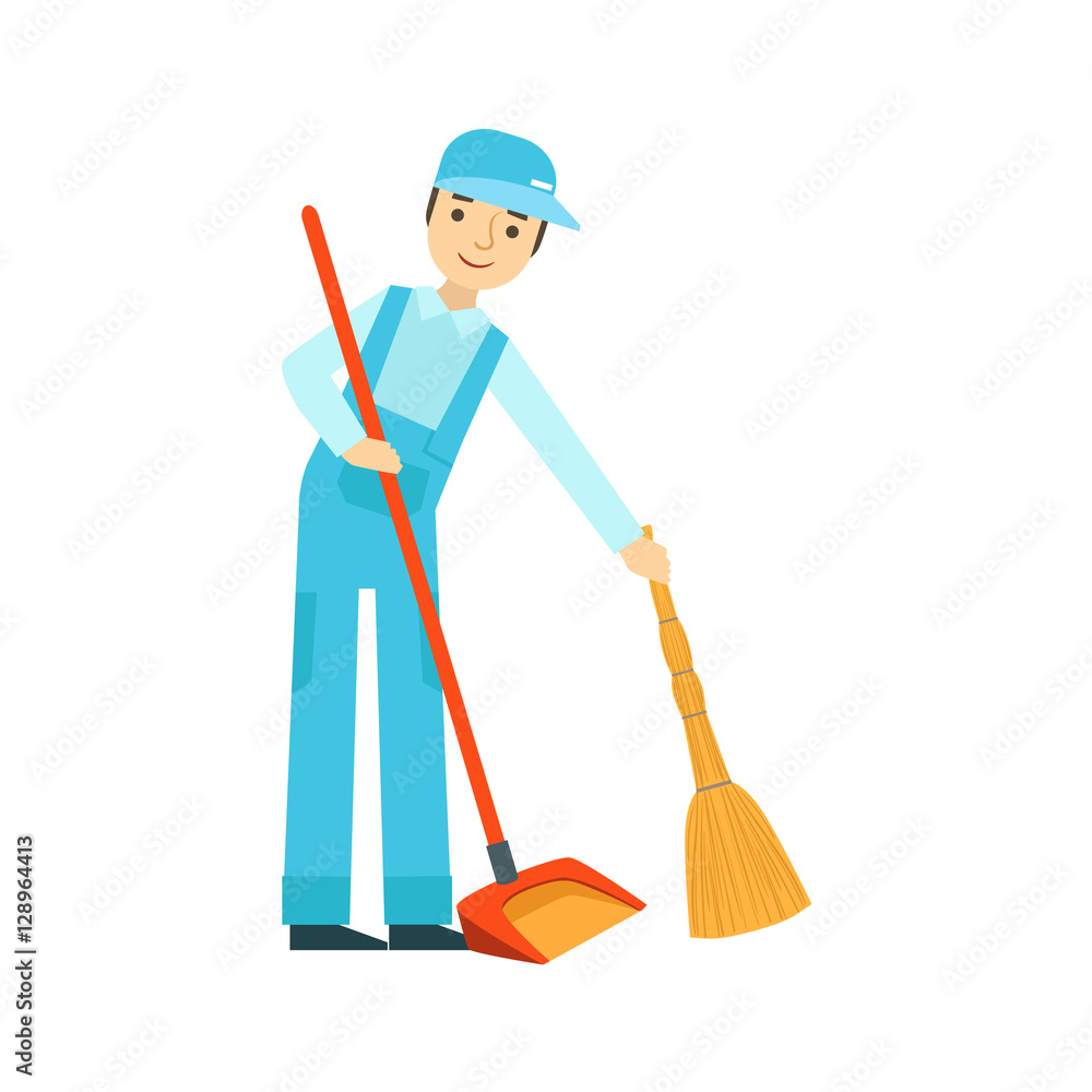 Man With Broom And Duster Sweeping The Floor, Cleaning Service Professional Cleaner In Uniform Cleaning In The Household Man With Broom And Duster Sweeping The Floor, Cleaning Service Professional Cleaner In Uniform Cleaning In The Household
