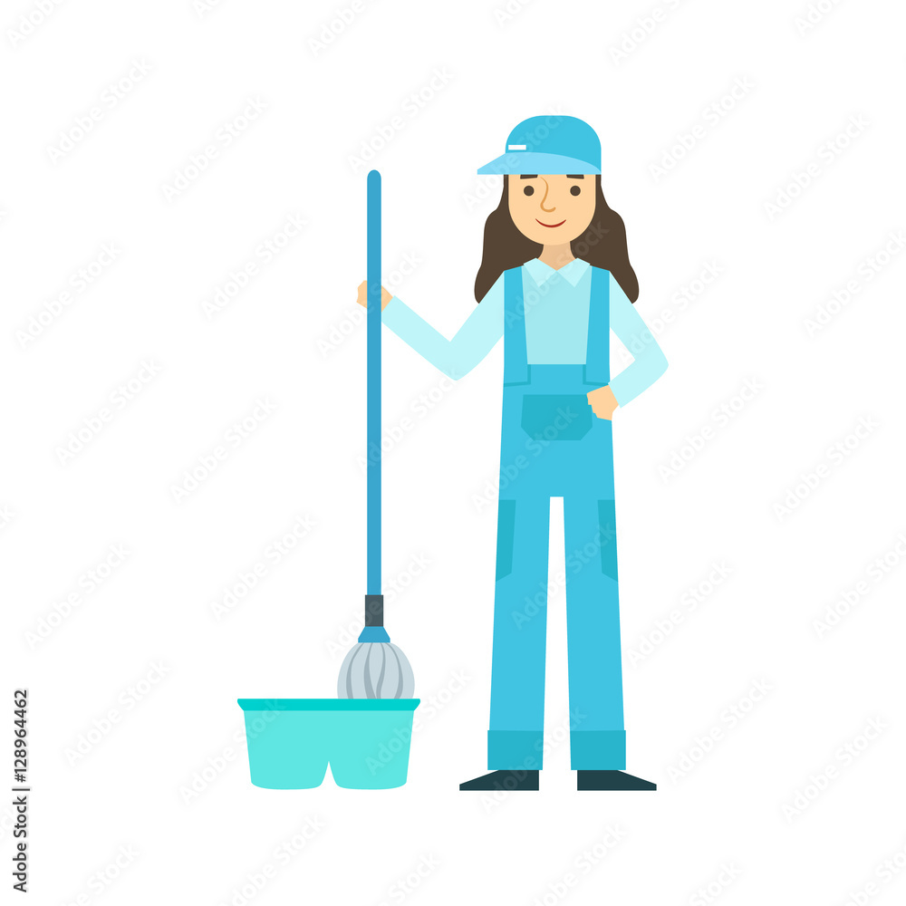 Girl With Mop Washing The Floor, Cleaning Service Professional Cleaner In Uniform Cleaning In The Household Girl With Mop Washing The Floor, Cleaning Service Professional Cleaner In Uniform Cleaning In The Household