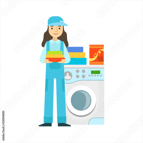 Woman Washing Clothing In Washing Machine, Cleaning Service Professional Cleaner In Uniform Cleaning In The Household