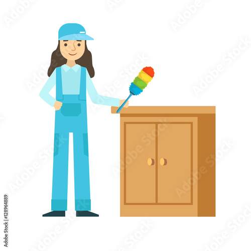 Woman Dusting The Furniture, Cleaning Service Professional Cleaner In Uniform Cleaning In The Household