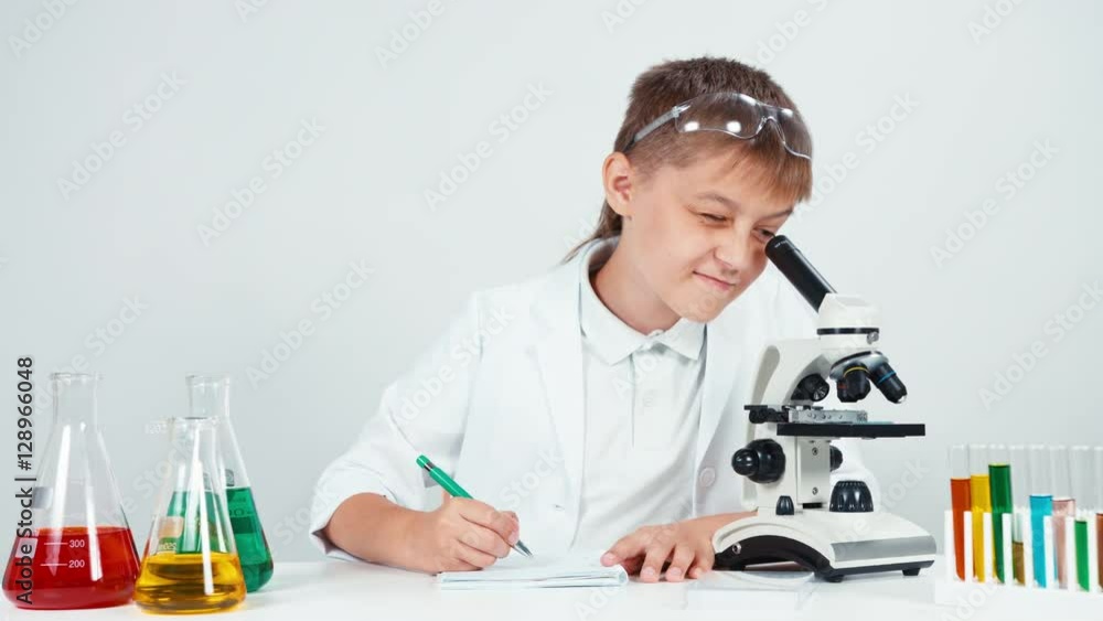 Young chemist something writing in her notebook and smiling at camera. Child isolated on white Young chemist something writing in her notebook and smiling at camera. Child isolated on white