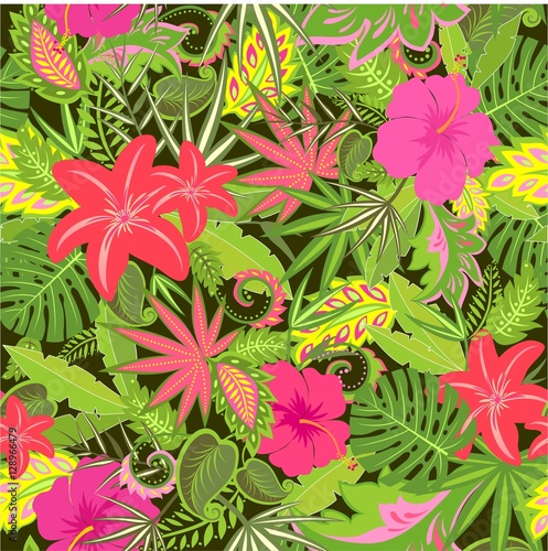 Tropical wallpaper with exotic floral pattern