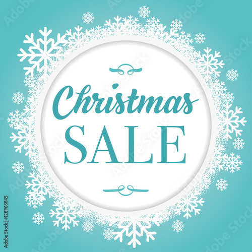 Christmas Sale graphic with blue background and snowflakes. Can be used for prints, posters, emails, price tags and others.