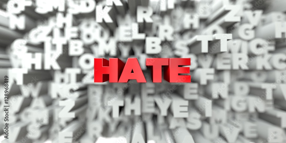 HATE - Red text on typography background - 3D rendered royalty free stock image. This image can be used for an online website banner ad or a print postcard. HATE - Red text on typography background - 3D rendered royalty free stock image. This image can be used for an online website banner ad or a print postcard.