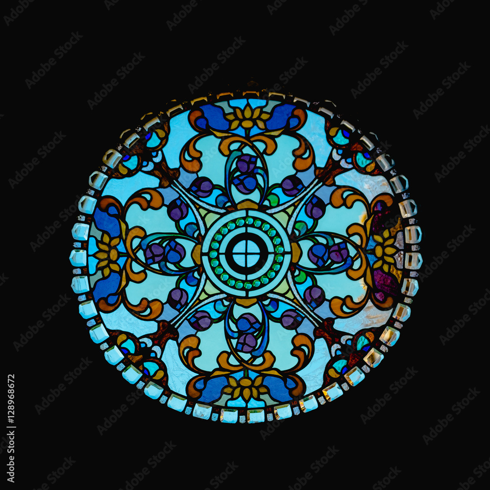 circle shape stained glass window at Wat Phasornkaew in Thailand. Photo taken on: 29 November , 2016
