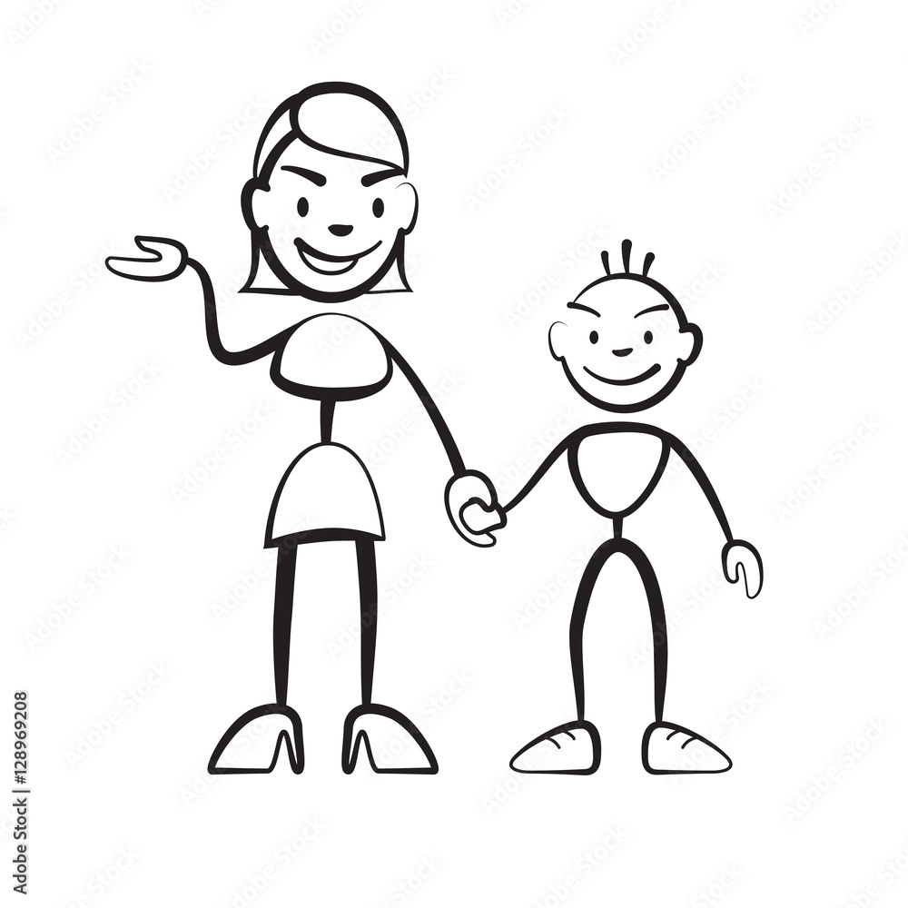 Strichmännchen Mutter mit Sohn Begrüßung Strichmännchen Mutter mit Sohn Begrüßung