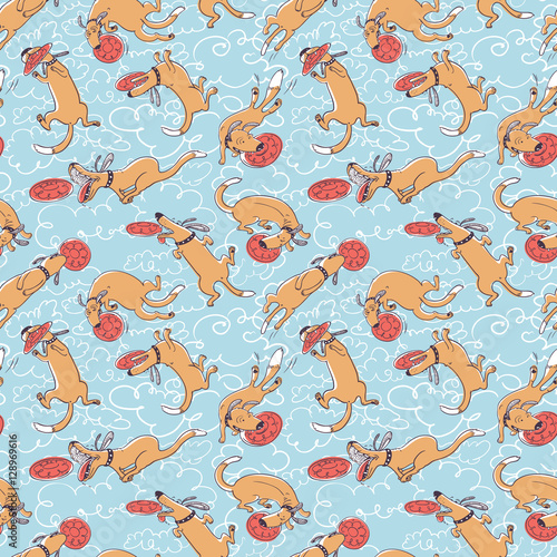 Cute activity dogs vector seamless pattern. Doodle background with frisbee sport pets. Funny animals playing, catching and retrieving plastic disk. 