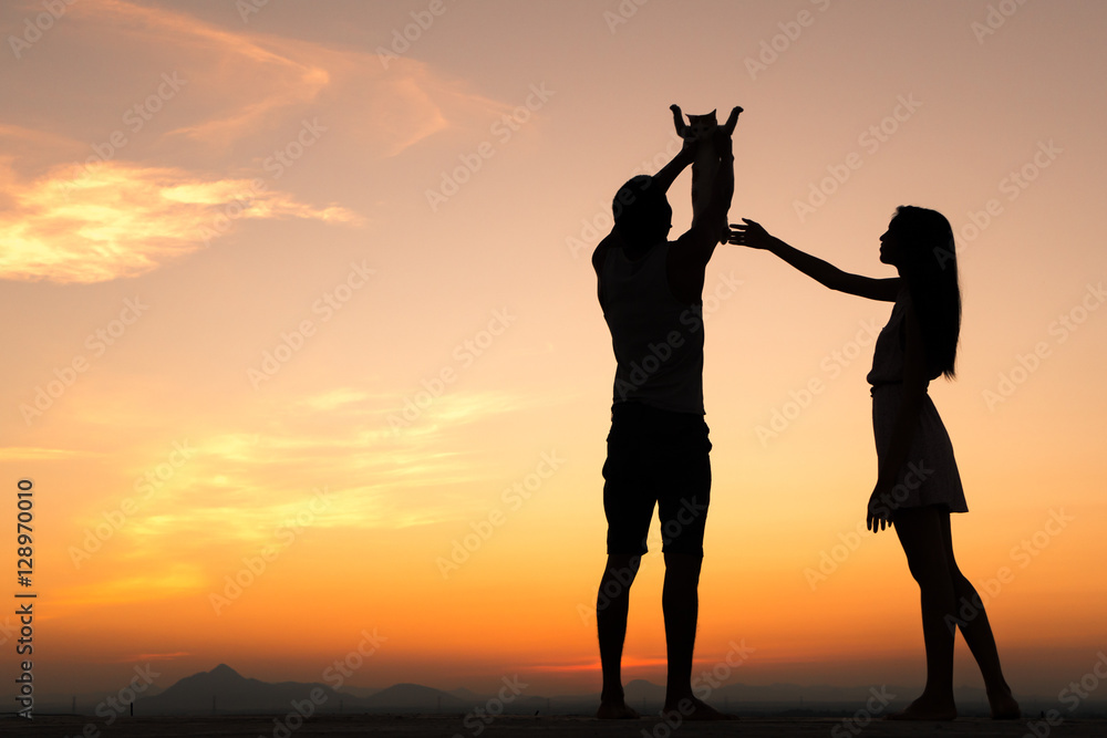 Fototapeta premium Silhouette of Happy Young Couple playing with cat Outside at Sunset