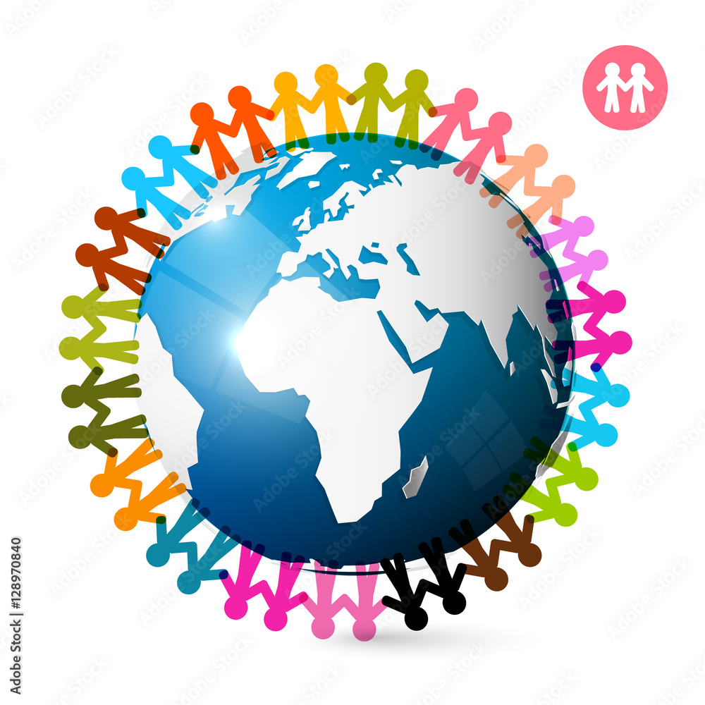 People Around Globe. Men Holding Hands on Earth. Vector Unity Symbol.
