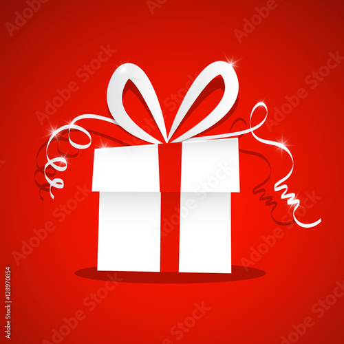 Paper Gift Box on Red Background. Vector Present Box with Ribbon Illustration.