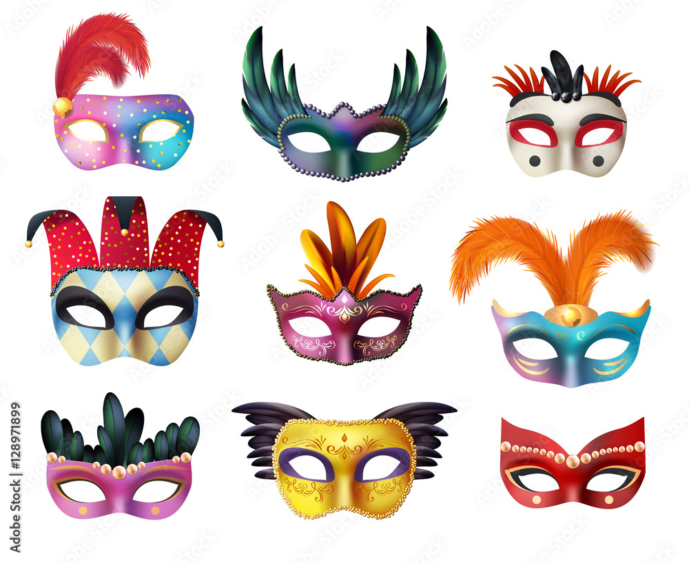 Masquerade Carnival Face Masks Realistic Set Masquerade Carnival Face Masks Realistic Set
