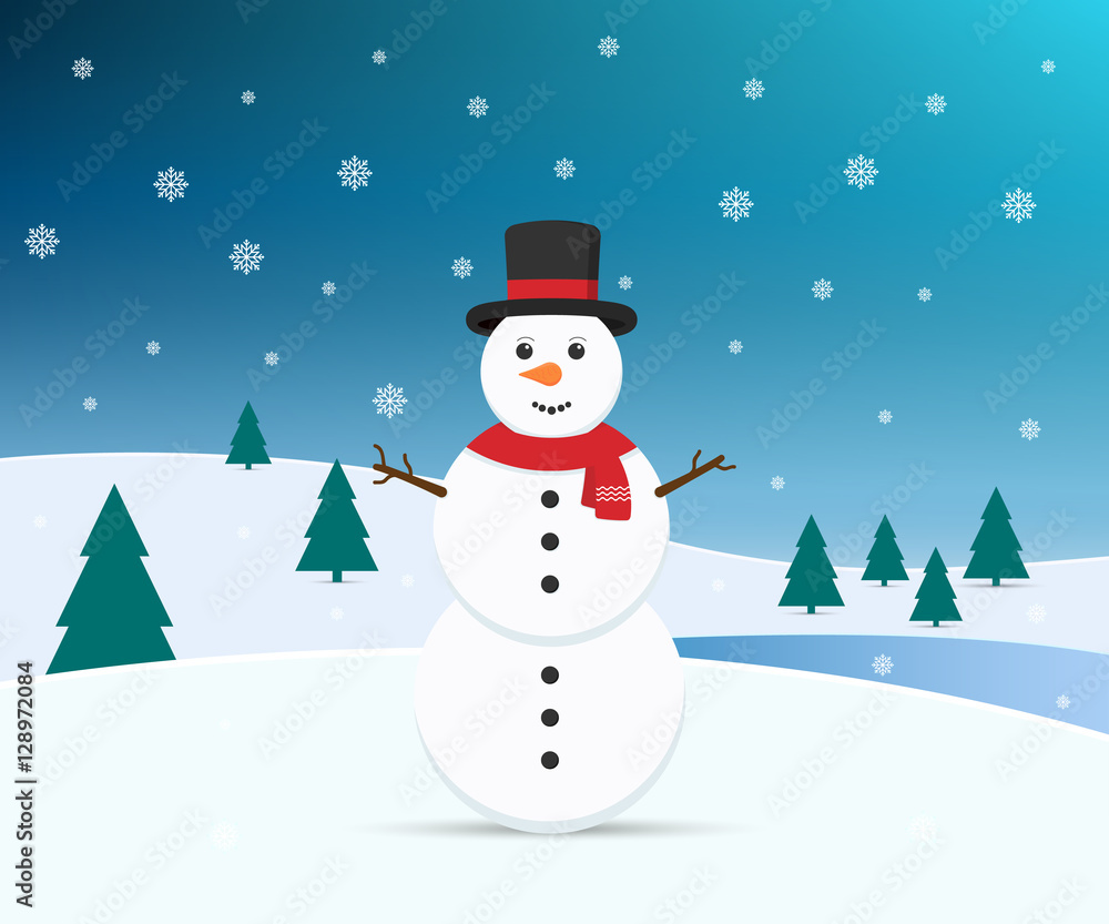 Fototapeta premium Snowman with winter background. Vector illustration