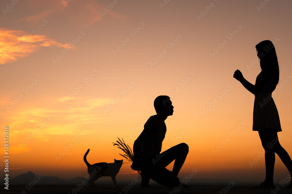 Man Proposing Engagement Silhouette Sunset Marriage Concept,Male giving female a flower.