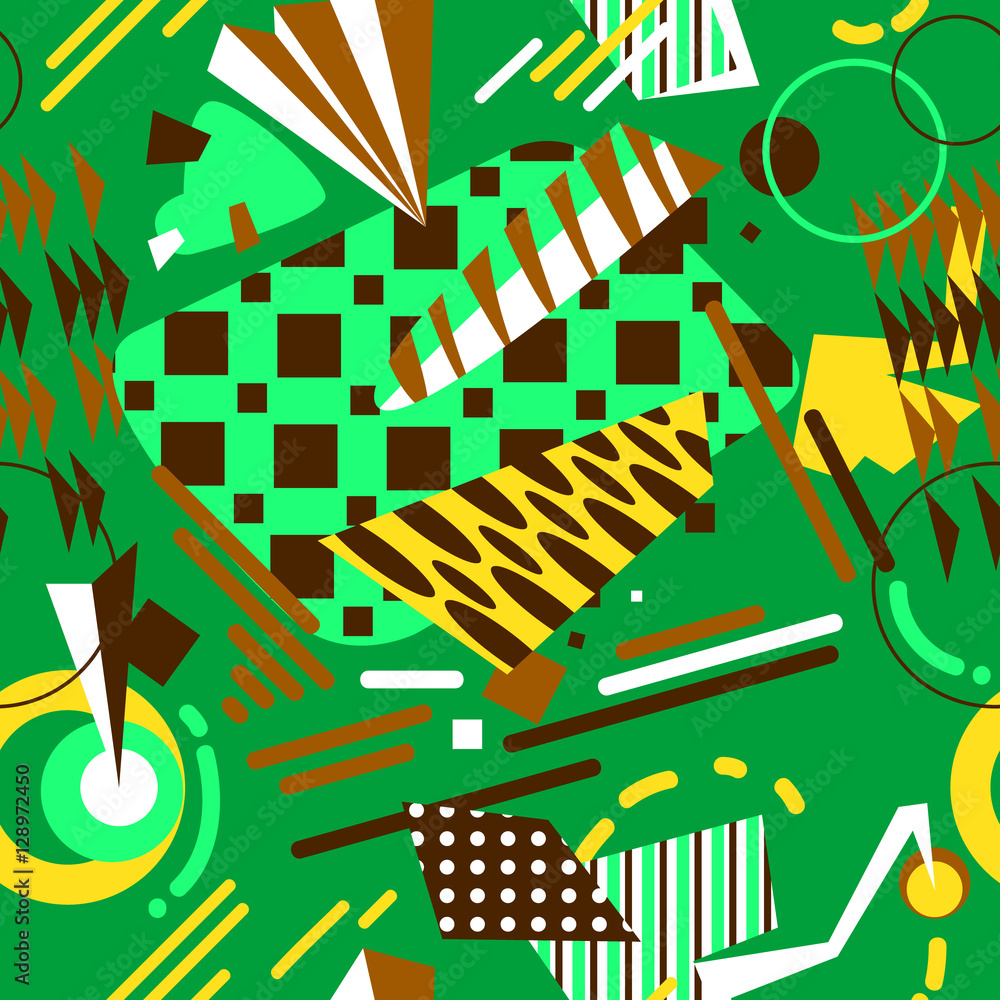 Fototapeta premium Abstract geometric seamless pattern in bright colors. Simply forms and silhouettes- strikes, square, triangle, circles.