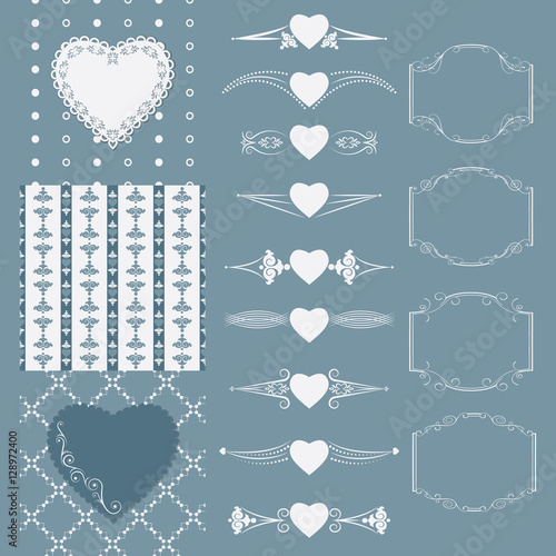 Collection of frames of different shapes, seamless patterns with hearts and separators. Vector illustration.
