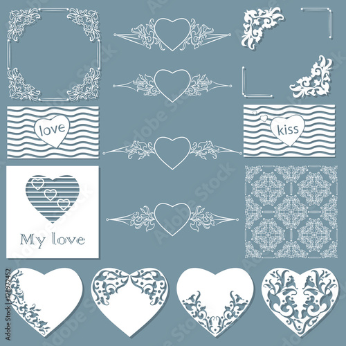Collection of frames of different shapes, seamless patterns with hearts and separators. Vector illustration. photo