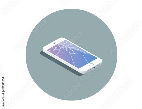 Vector isometric illustration of smartphone with broken screen.