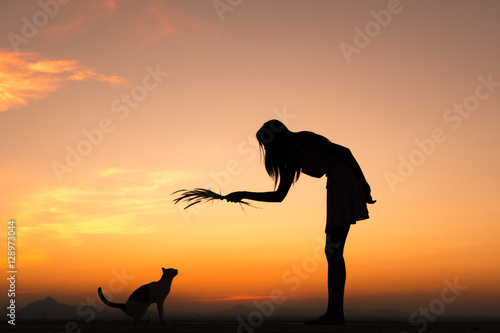 Fototapeta Naklejka Na Ścianę i Meble -  Silhouette of girl plays with her cat on the roof