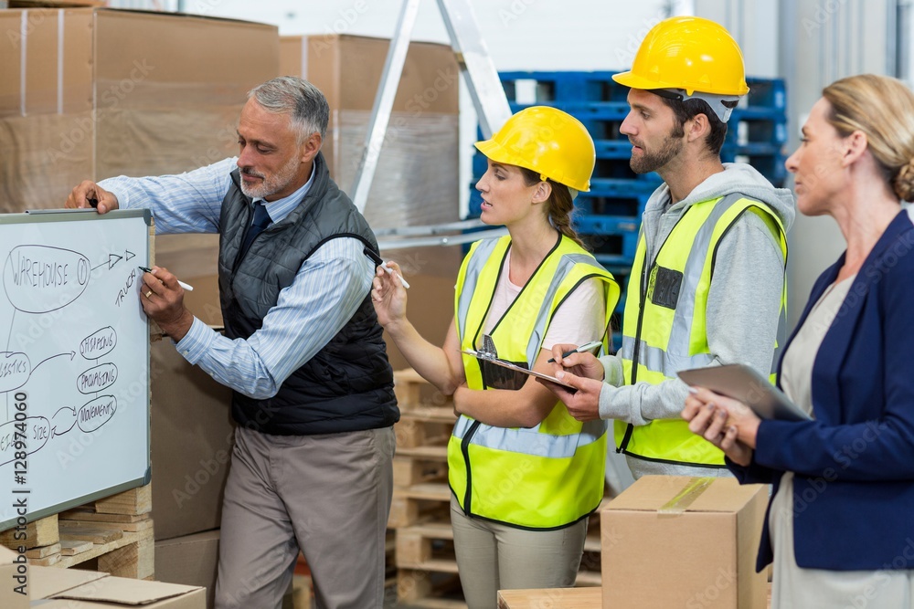 Manager and warehouse workers discussing over whiteboard Manager and warehouse workers discussing over whiteboard