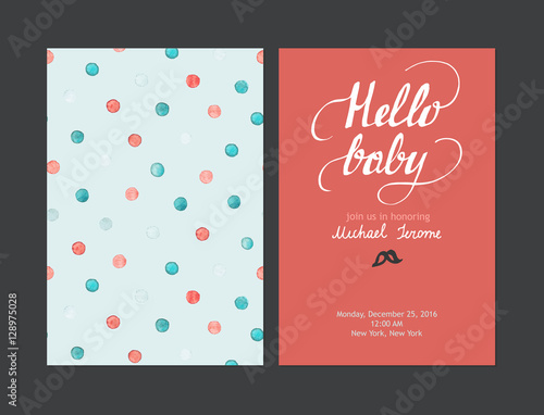 Baby shower boy or girl invitation, vector templates. Pastel cards with watercolor dots and hand drawn text on red background.