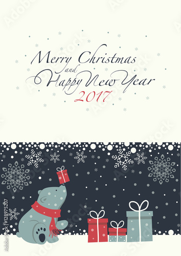 The cover design. Depicts a seated little polar bear with gift box on the nose. Polar bear with the  red scarf.  Phrase merry Christmas and a happy New year on blue background on the white background.