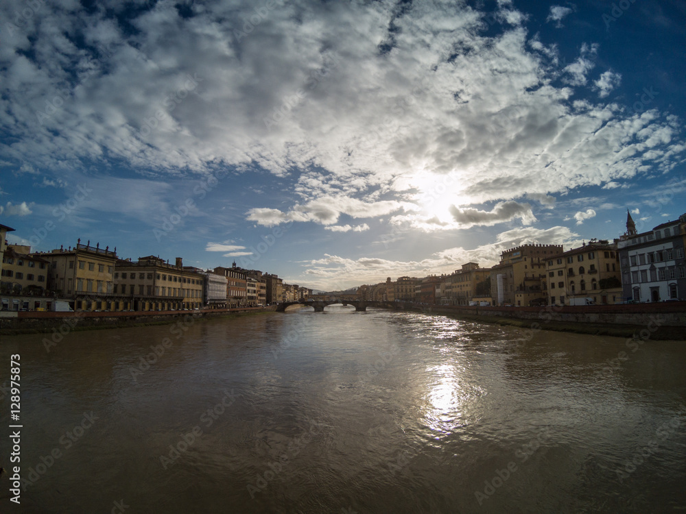 Flooding Arno river in Florence, Tuscany, Italy.