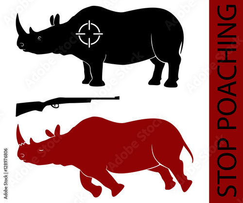 Vector illustration - concept of saving rhino and stopping poaching. Isolated silhouette of the alive and dead animal on white background. Also target and gun. Social problem of illegal hunting.
