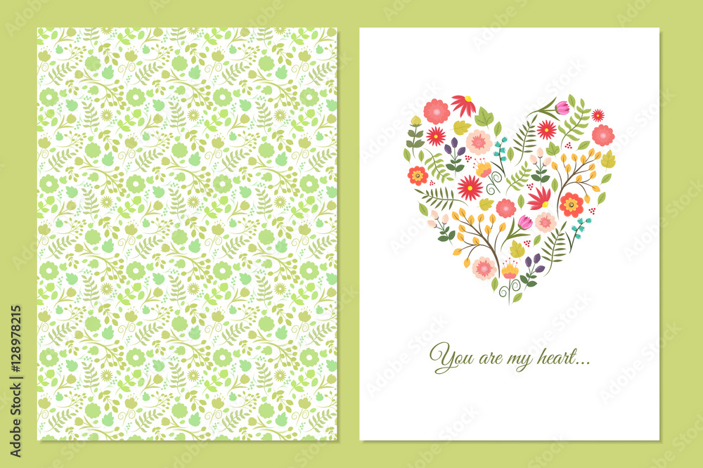 Fototapeta premium Cute vintage floral cards set. Heart shape with flowers and leaves. Beautiful background Cards for greeting, invitation, wedding, party, hen-party, baby shower, mother's day, valentines. Gentle vector