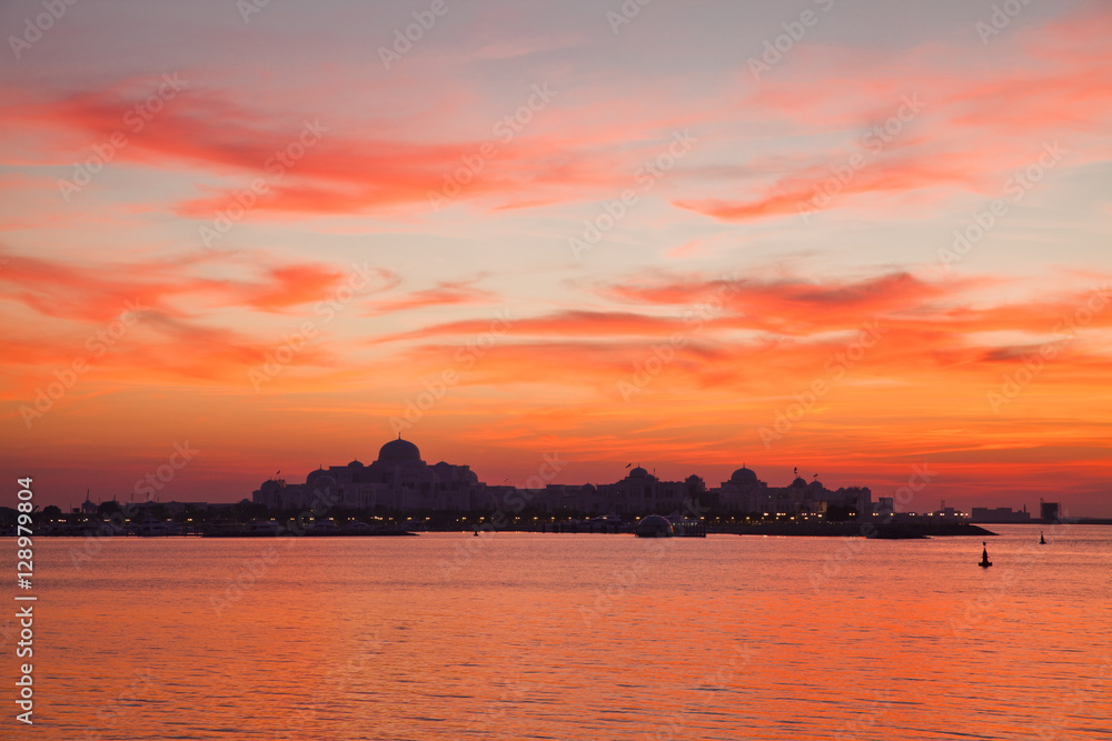 Abu Dhabi skyline at the sunset, silhouette