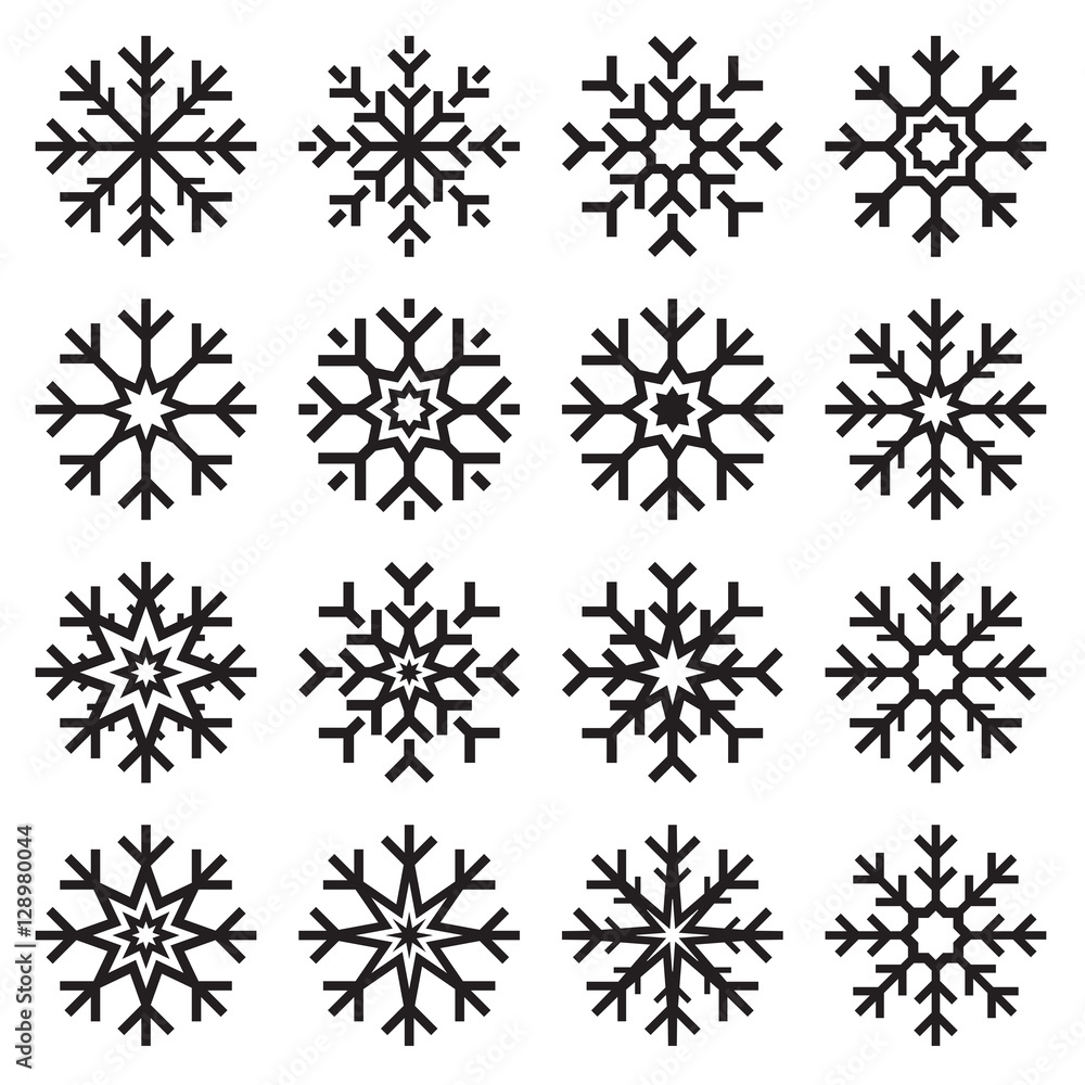 Vector snowflakes set on white background, winter icons silhouette, 16 ice stars, vector elements for your Christmas and New Year holiday design projects Vector snowflakes set on white background, winter icons silhouette, 16 ice stars, vector elements for your Christmas and New Year holiday design projects